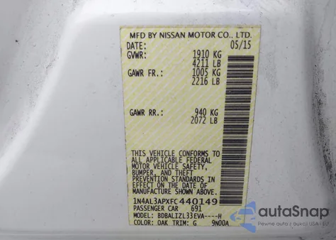 2015 Nissan Altima 2.5 Sv из США, поврежденный, VIN 1N4AL3APXFC440149